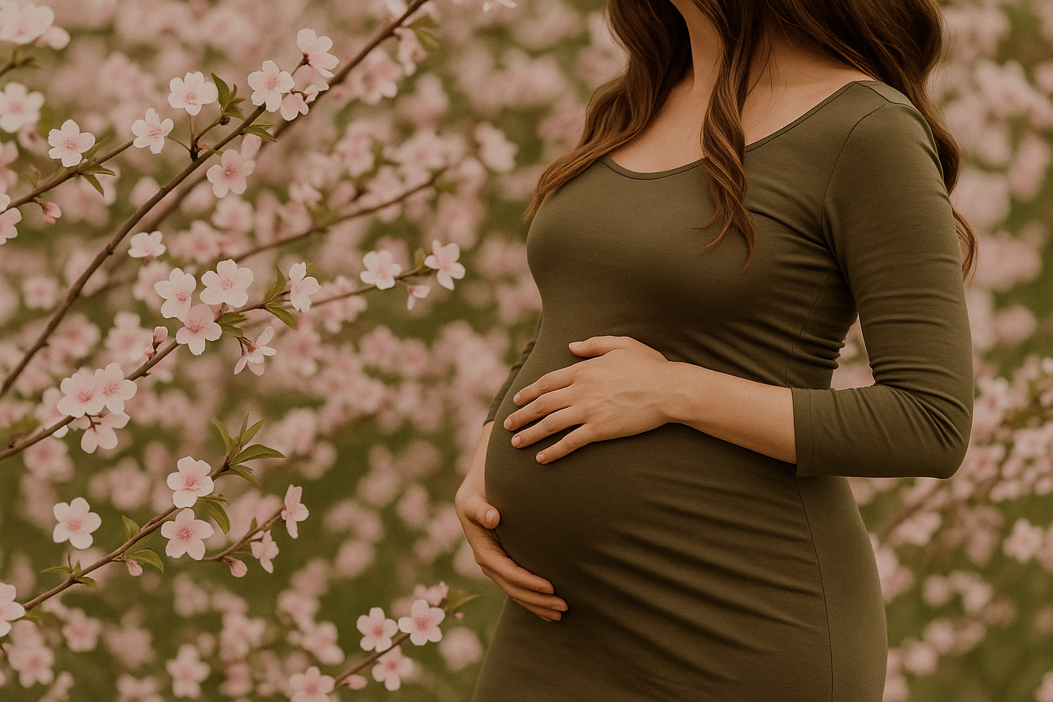 Pregnant woman in cherry blossoms