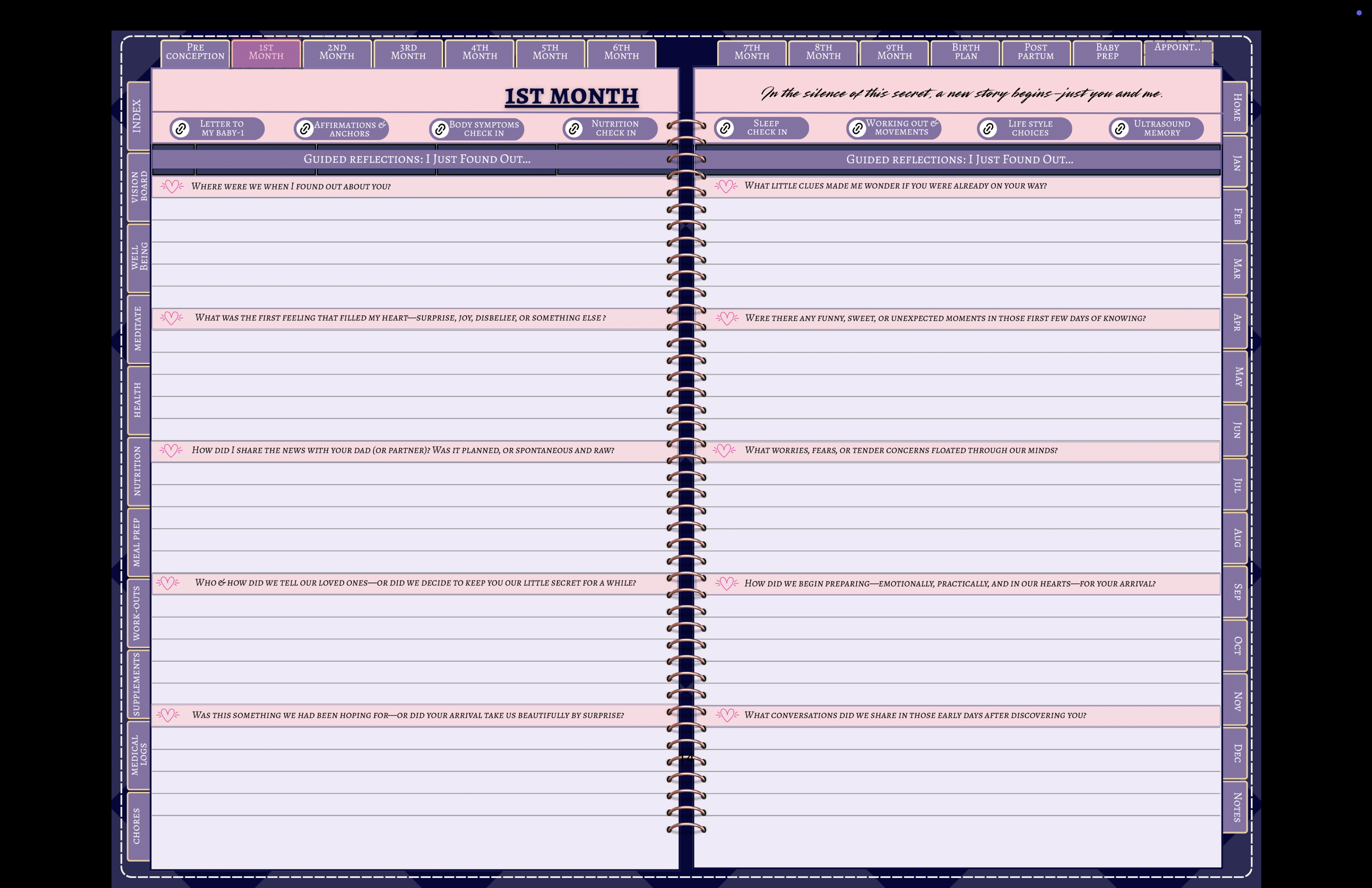 First month pregnancy planner page with guided reflections
