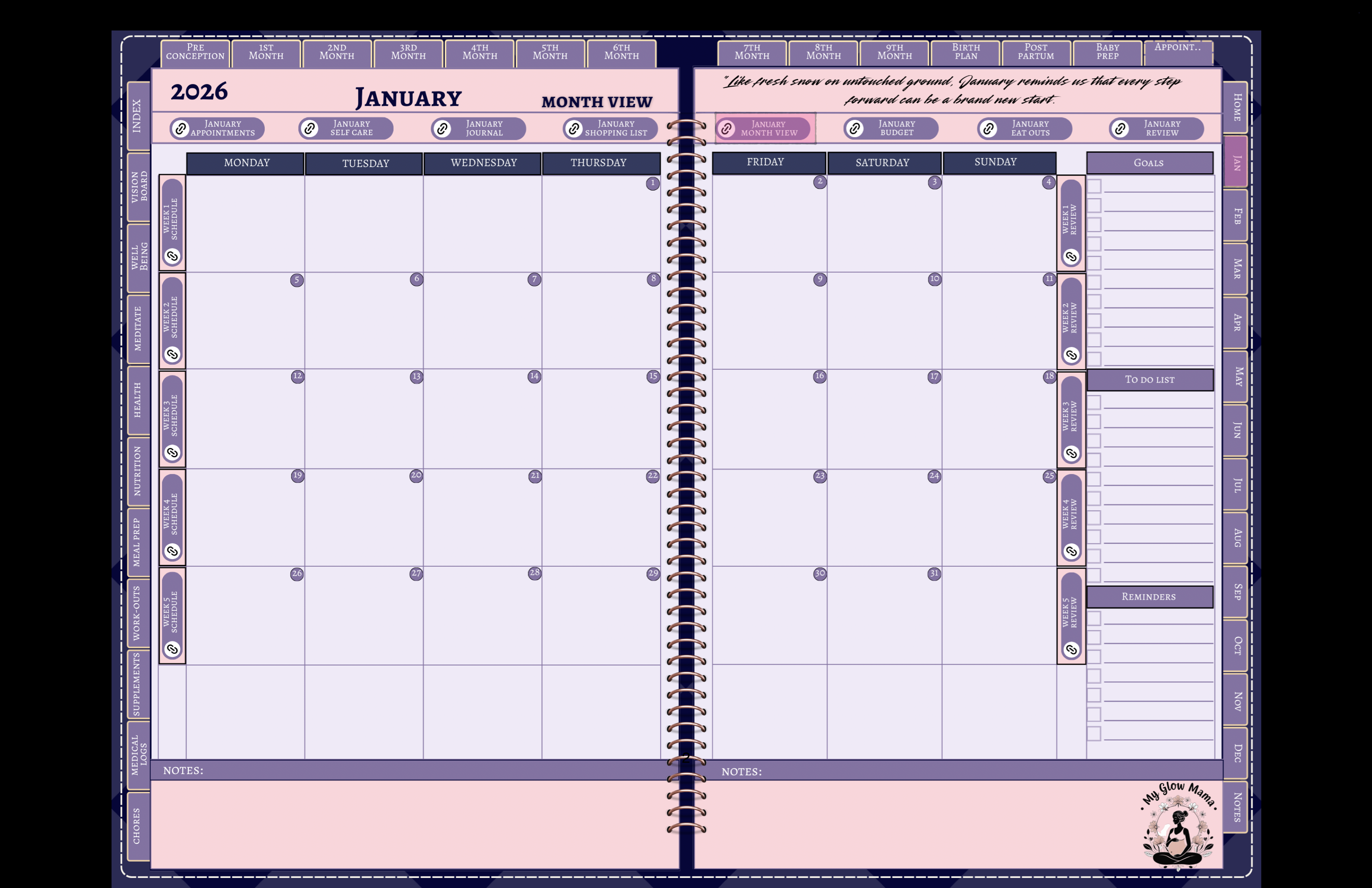 Monthly calendar view from pregnancy planner