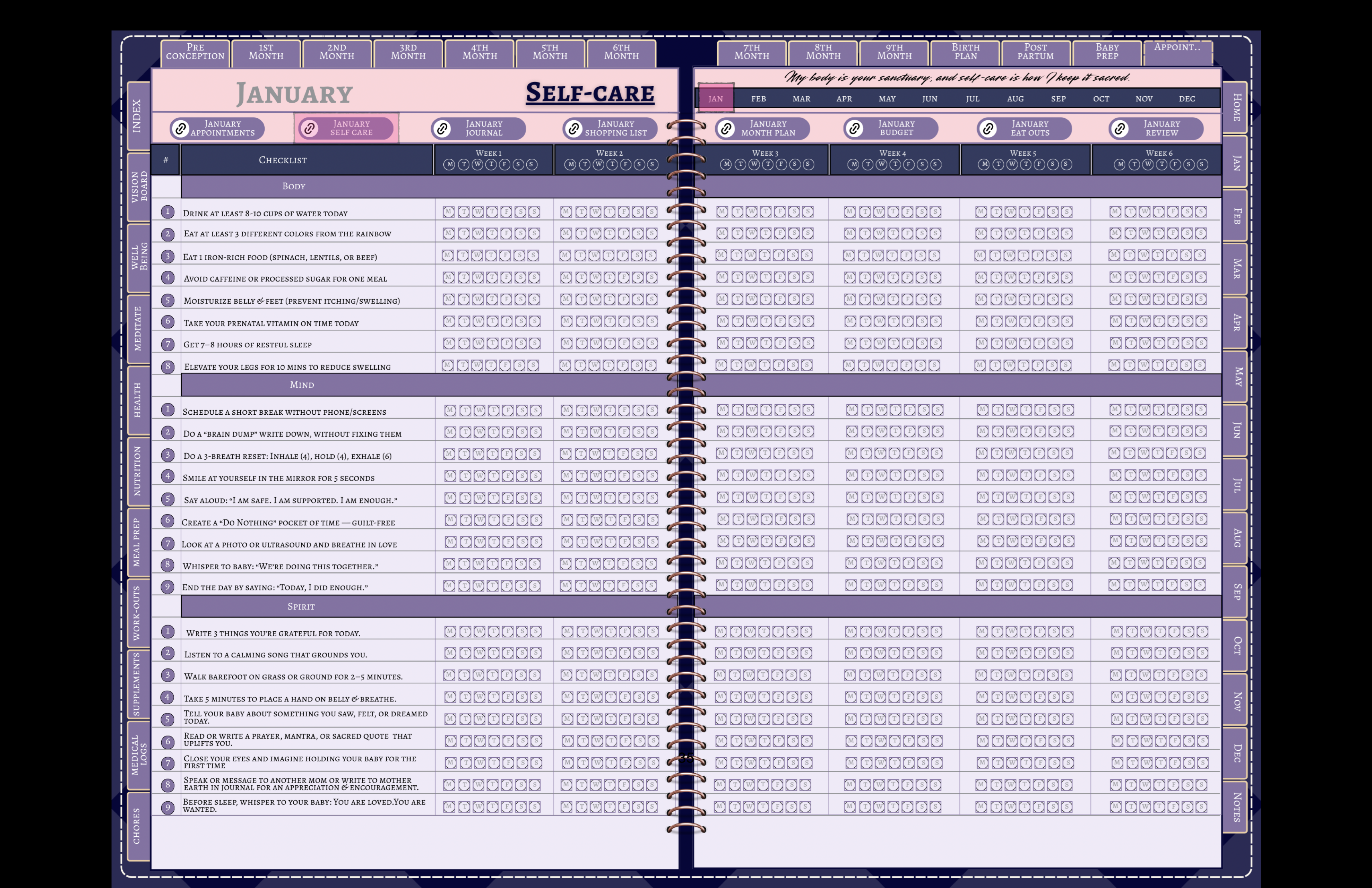 Self-care tracking page with body, mind, and spirit sections